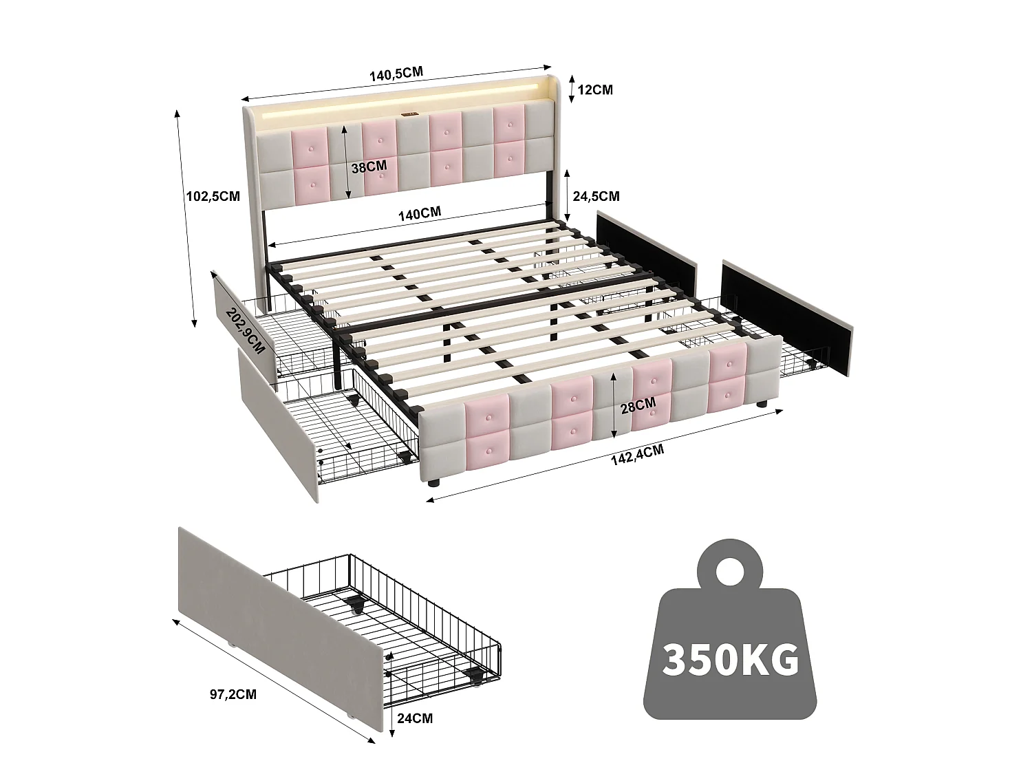 Lit double capitonné 140 x 190 cm - avec tiroirs de rangement - éclairage LED intégré - port USB - velours