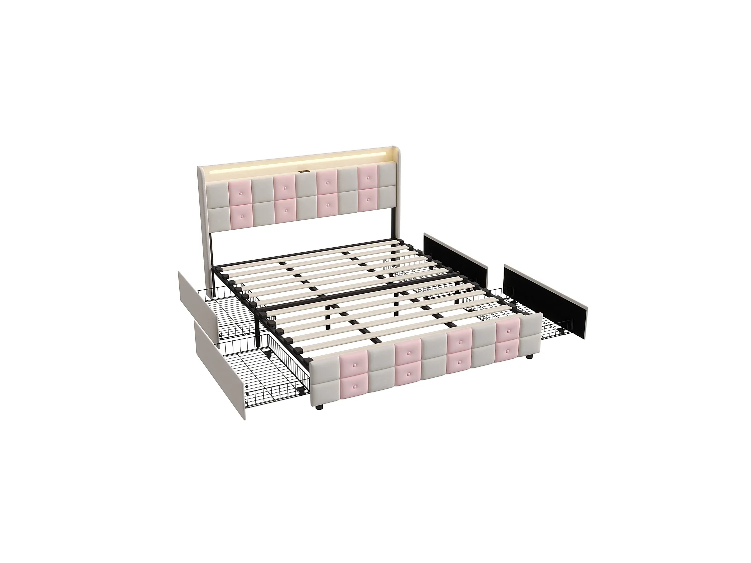 Lit double capitonné 140 x 190 cm - avec tiroirs de rangement - éclairage LED intégré - port USB - velours