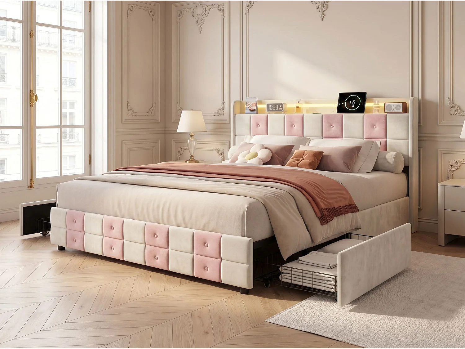 Lit double capitonné 140 x 190 cm - avec tiroirs de rangement - éclairage LED intégré - port USB - velours