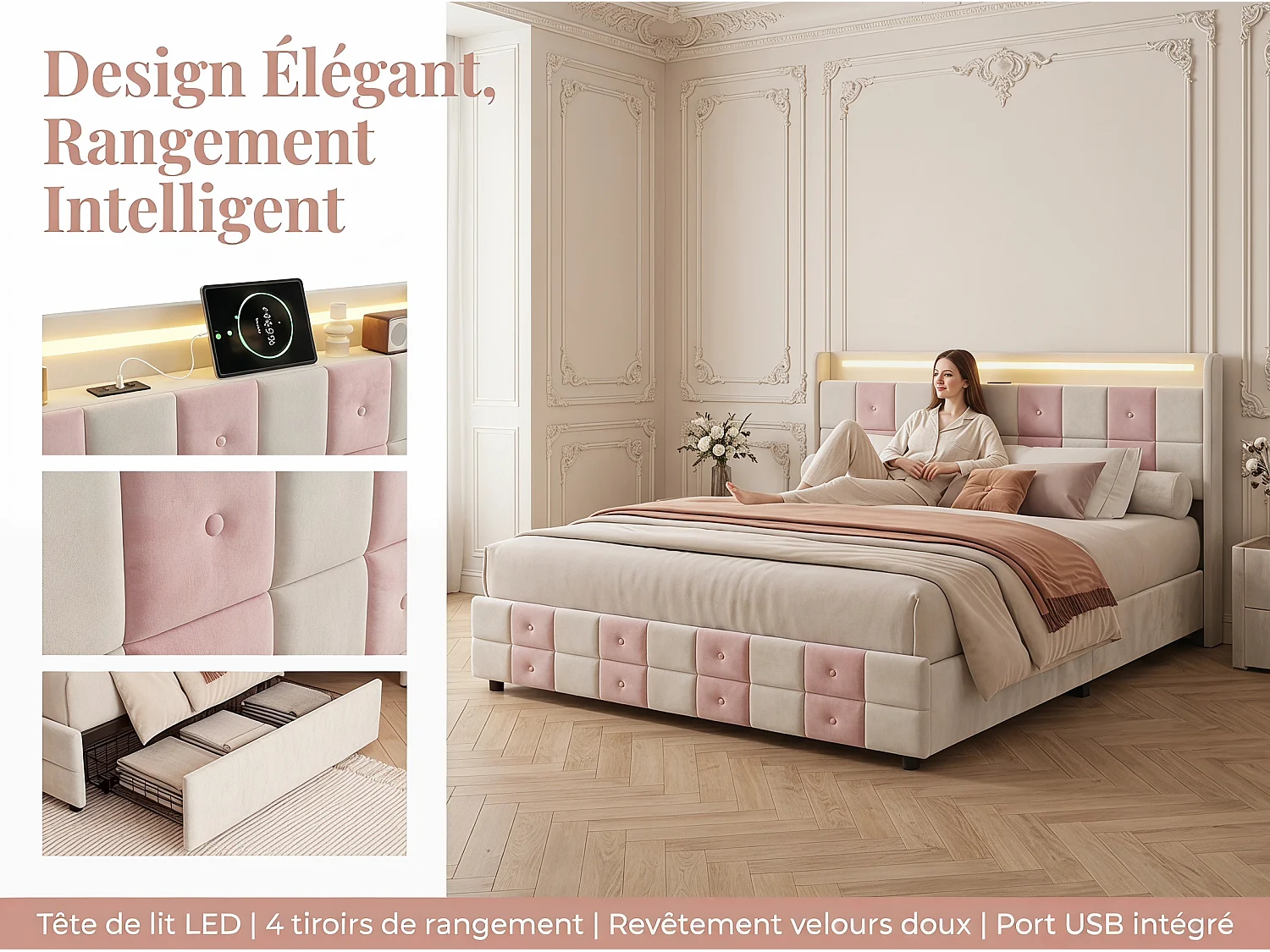 Lit double capitonné 140 x 190 cm - avec tiroirs de rangement - éclairage LED intégré - port USB - velours