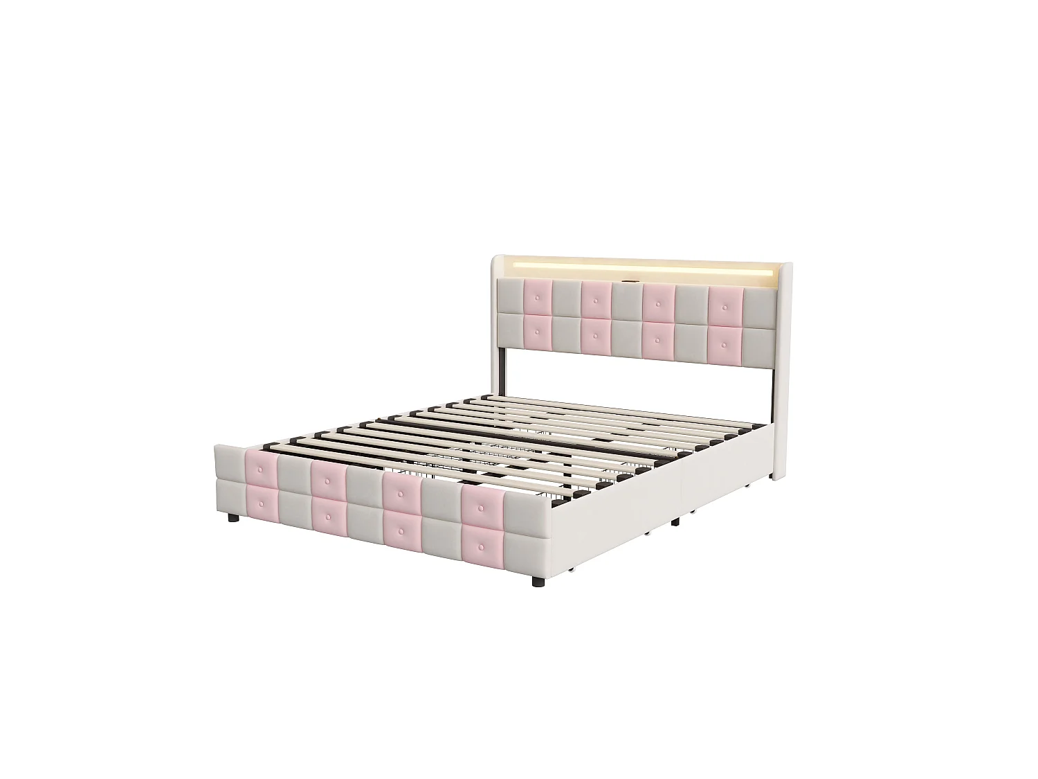 Lit double capitonné 140 x 190 cm - avec tiroirs de rangement - éclairage LED intégré - port USB - velours
