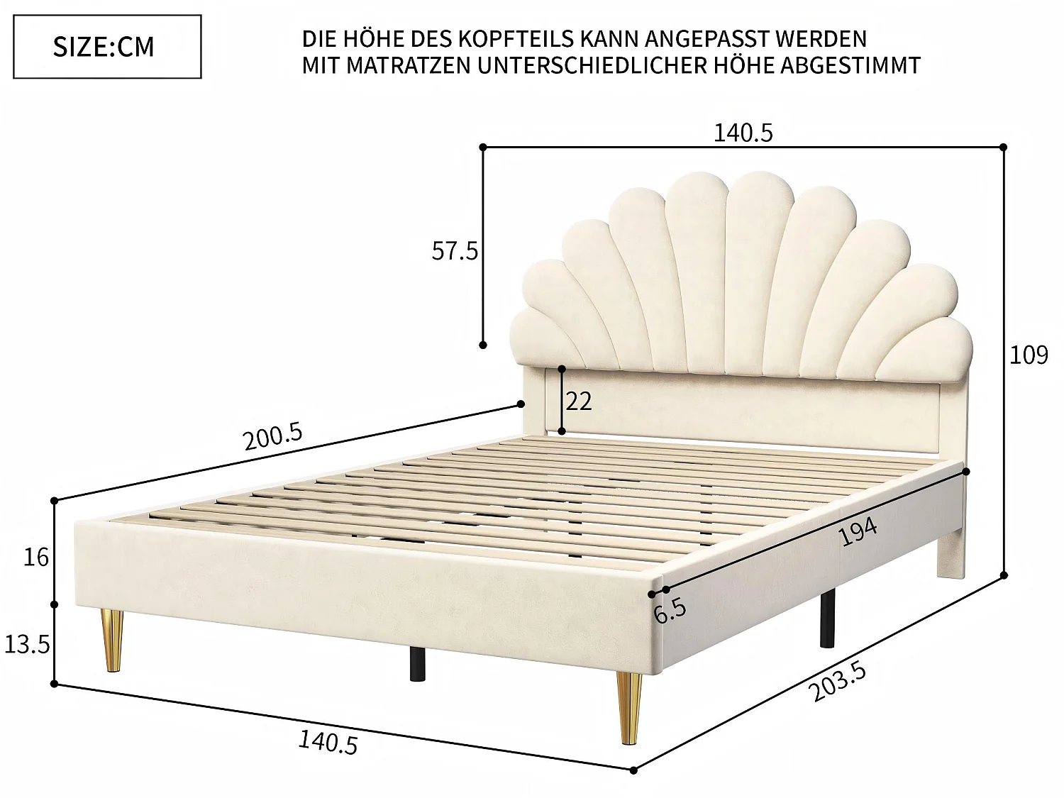 Lit double 140x200 cm beige avec tête de lit rembourrée forme coquillage sommier à lattes et pieds dorés