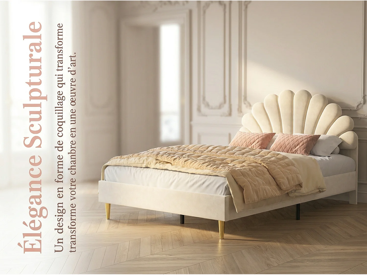 Lit double 140x200 cm beige avec tête de lit rembourrée forme coquillage sommier à lattes et pieds dorés