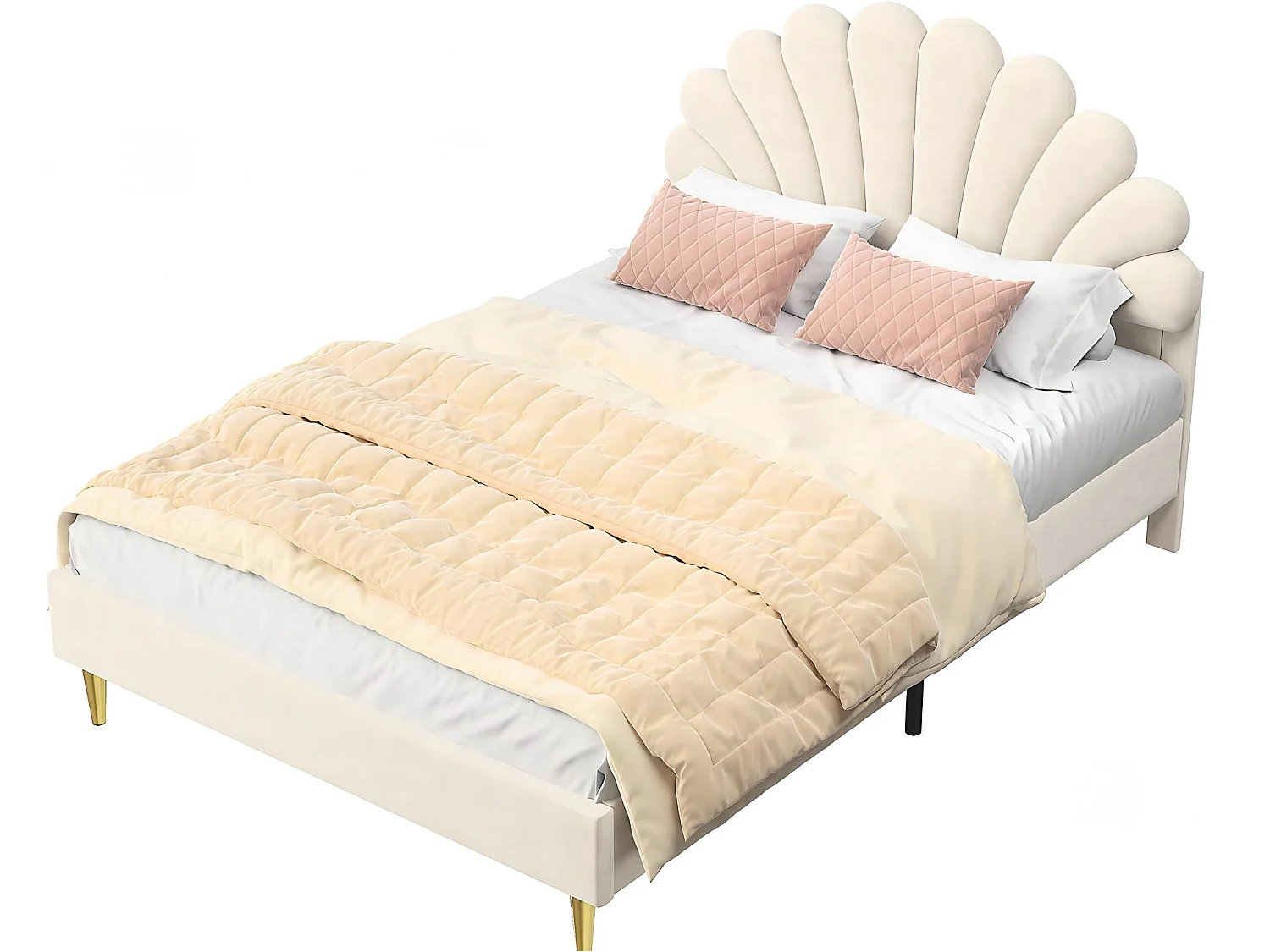 Lit double 140x200 cm beige avec tête de lit rembourrée forme coquillage sommier à lattes et pieds dorés