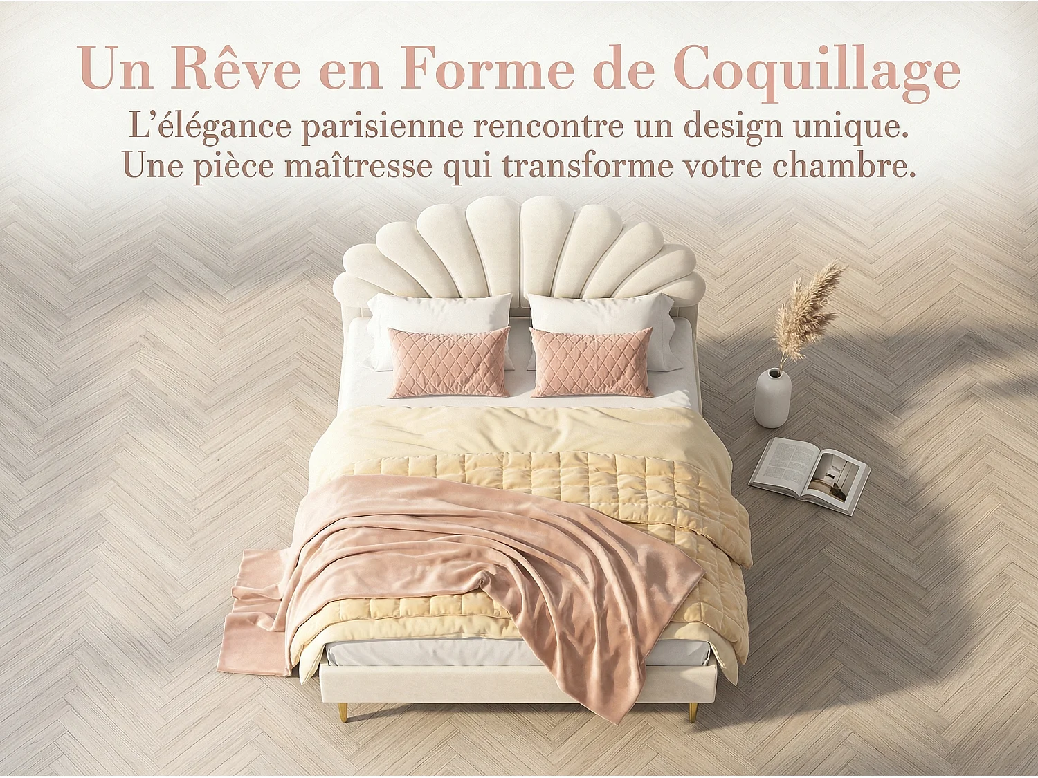 Lit double 140x200 cm beige avec tête de lit rembourrée forme coquillage sommier à lattes et pieds dorés