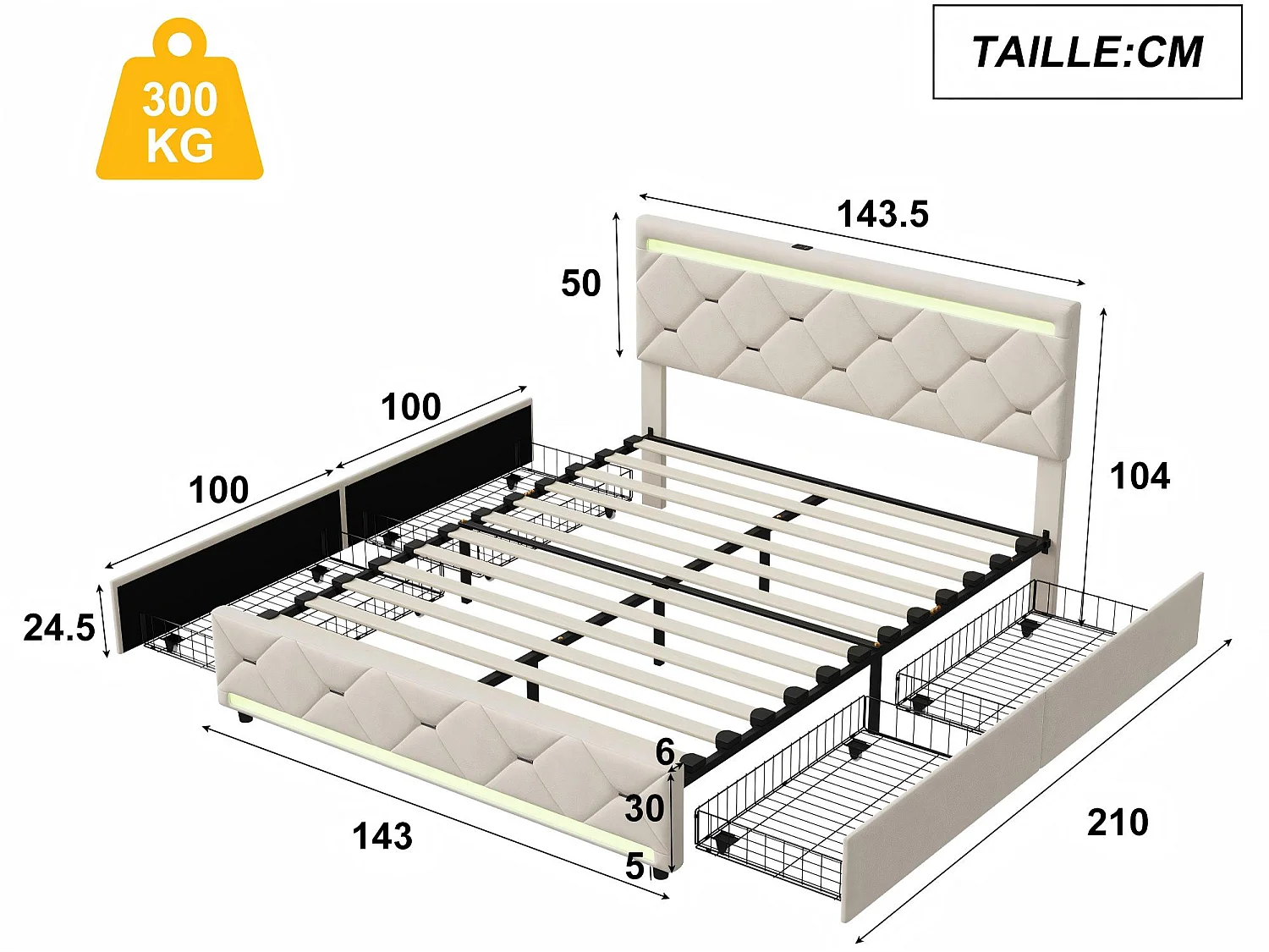 Lit double 140x190 cm beige avec tiroirs de rangement, tête de lit rembourrée, cadre de lit capitonné avec LED intégrée et ports USB
