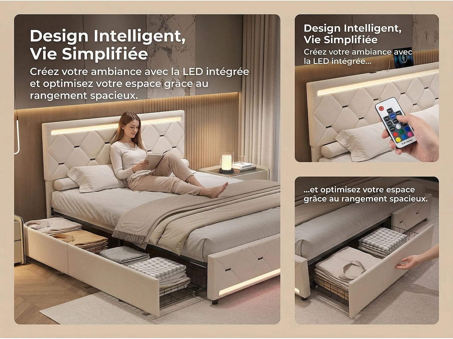 Lit double 140x190 cm beige avec tiroirs de rangement, tête de lit rembourrée, cadre de lit capitonné avec LED intégrée et ports USB