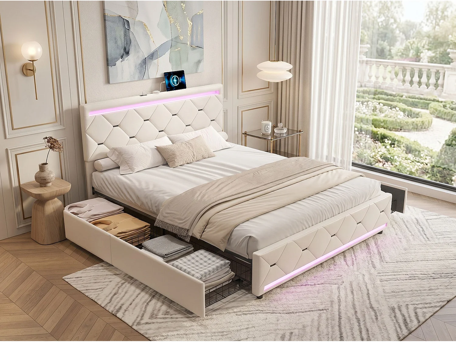 Lit double 140x190 cm beige avec tiroirs de rangement, tête de lit rembourrée, cadre de lit capitonné avec LED intégrée et ports USB
