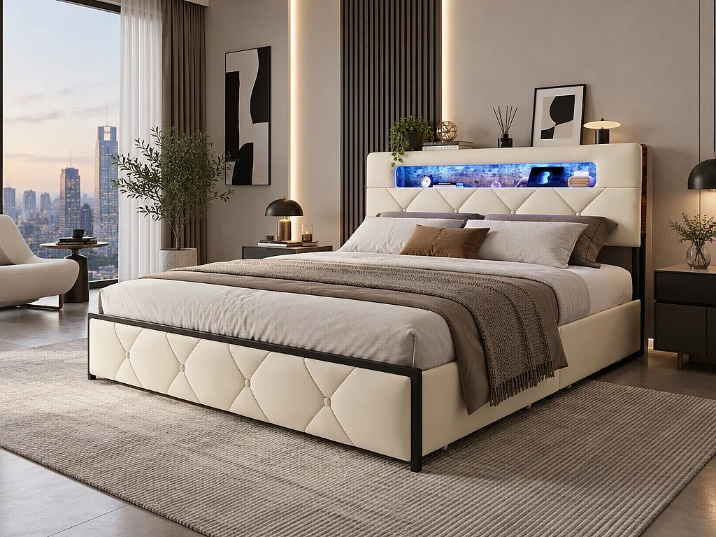 Lit double 140x190 cm beige avec tête de lit rembourrée, LED, prises USB, tiroirs de rangement et sommier à lattes