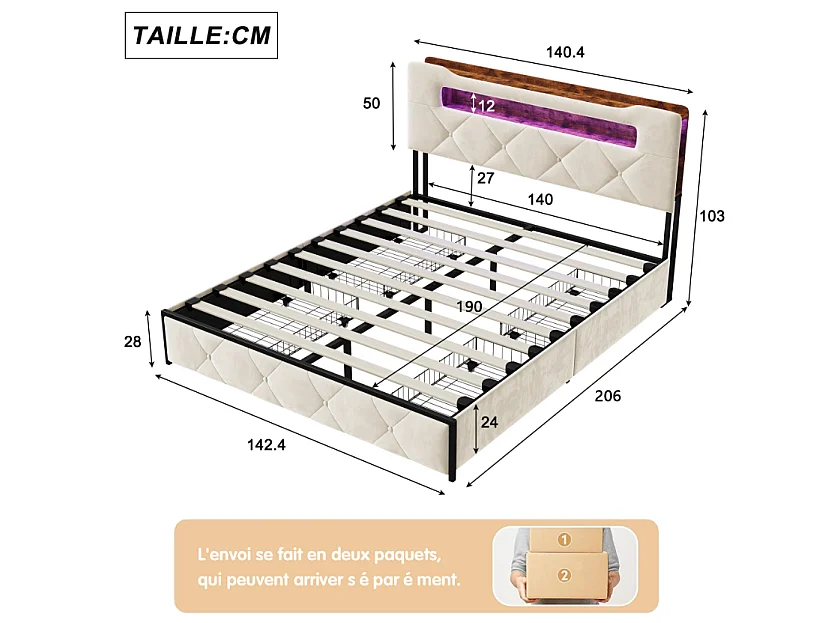Lit double 140x190 cm beige avec tête de lit rembourrée, LED, prises USB, tiroirs de rangement et sommier à lattes
