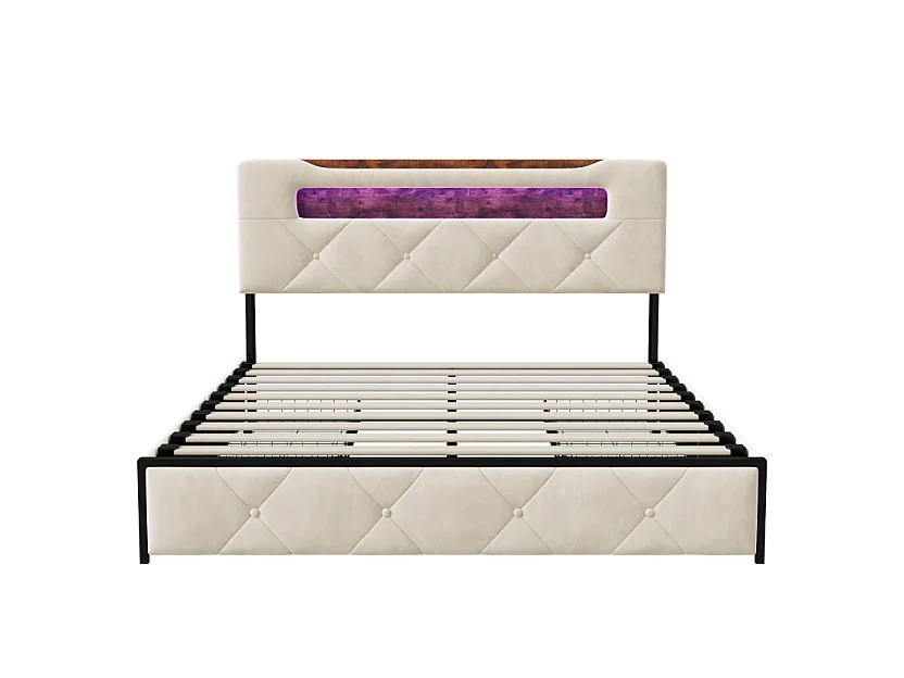 Lit double 140x190 cm beige avec tête de lit rembourrée, LED, prises USB, tiroirs de rangement et sommier à lattes