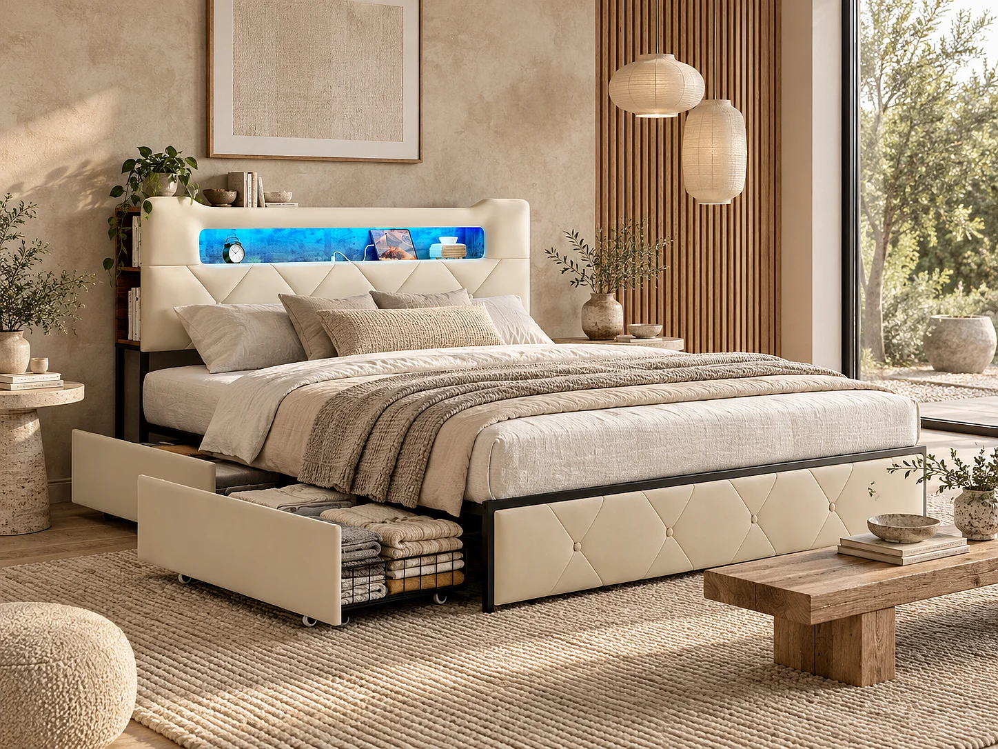 Lit double 140x190 cm beige avec tête de lit rembourrée, LED, prises USB, tiroirs de rangement et sommier à lattes
