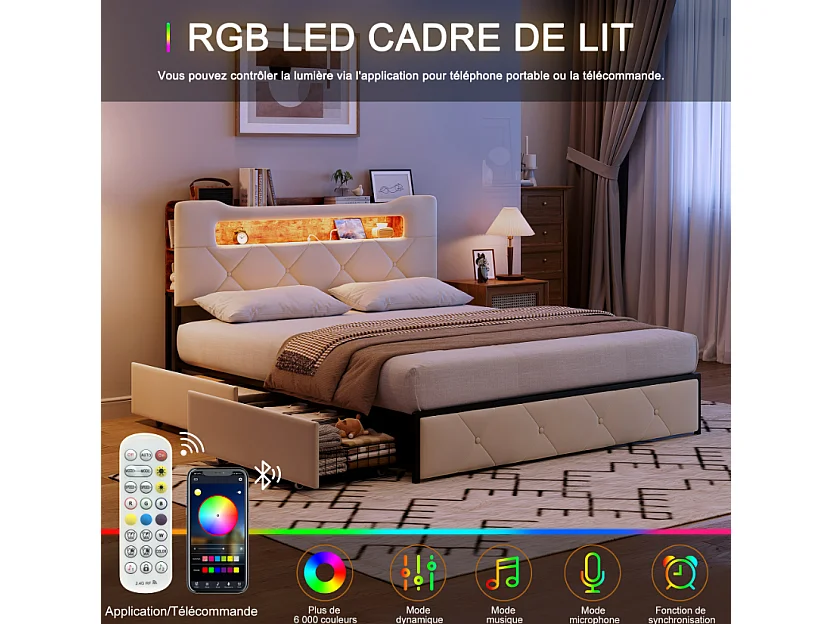 Lit double 140x190 cm beige avec tête de lit rembourrée, LED, prises USB, tiroirs de rangement et sommier à lattes
