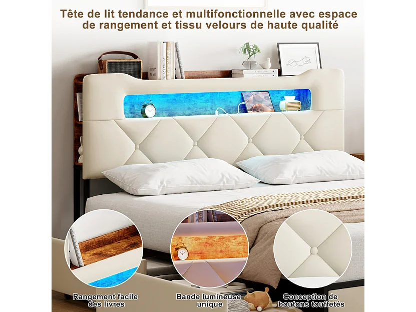 Lit double 140x190 cm beige avec tête de lit rembourrée, LED, prises USB, tiroirs de rangement et sommier à lattes