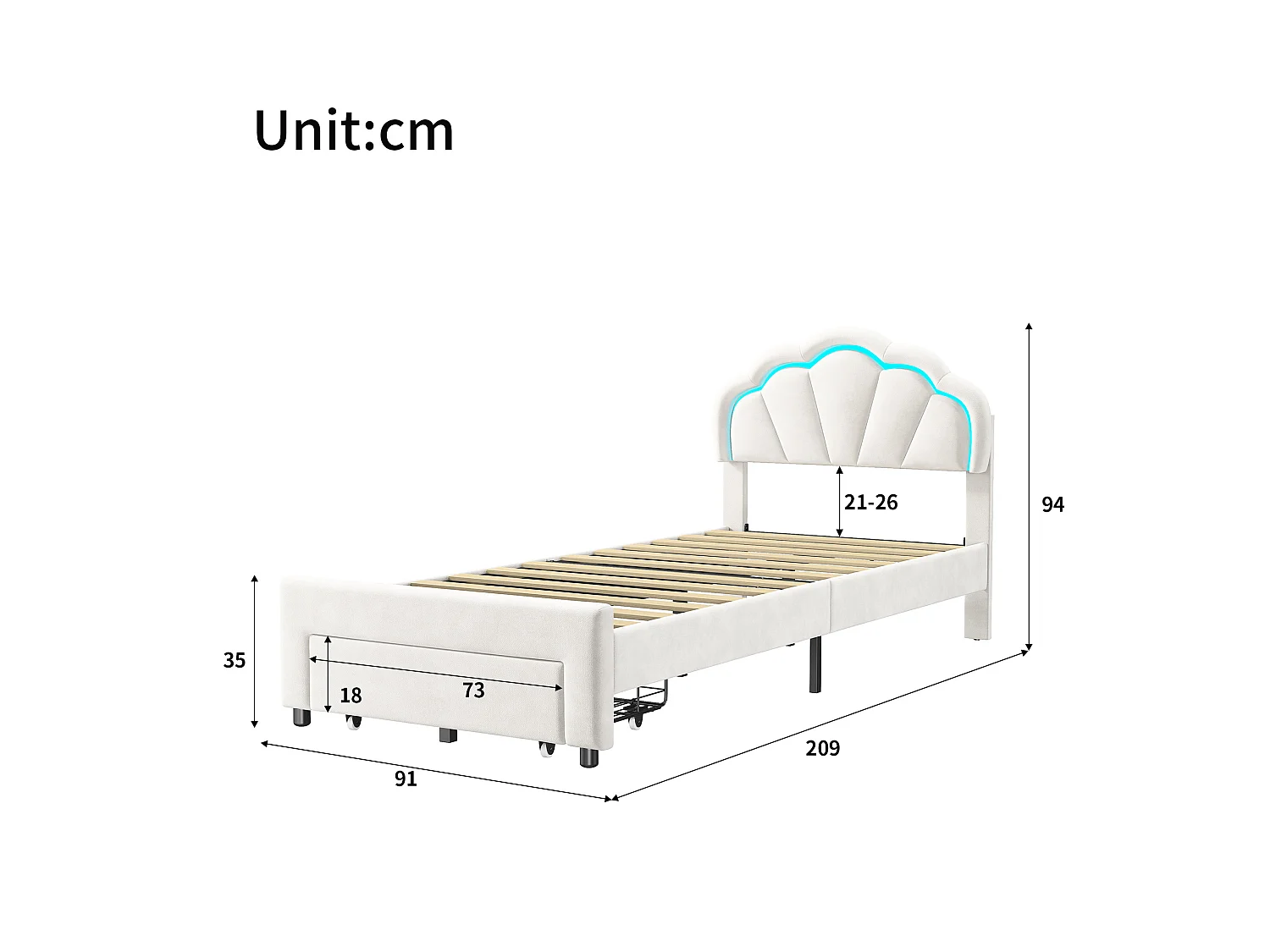 Lit 90x200 cm blanc avec tête de lit rembourrée en forme de nuage, cadre de lit une personne en velours, lit enfant et adolescent