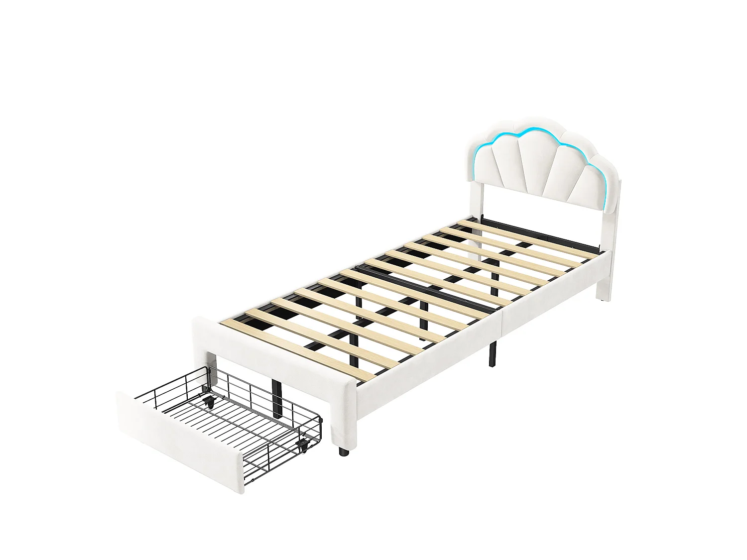 Lit 90x200 cm blanc avec tête de lit rembourrée en forme de nuage, cadre de lit une personne en velours, lit enfant et adolescent
