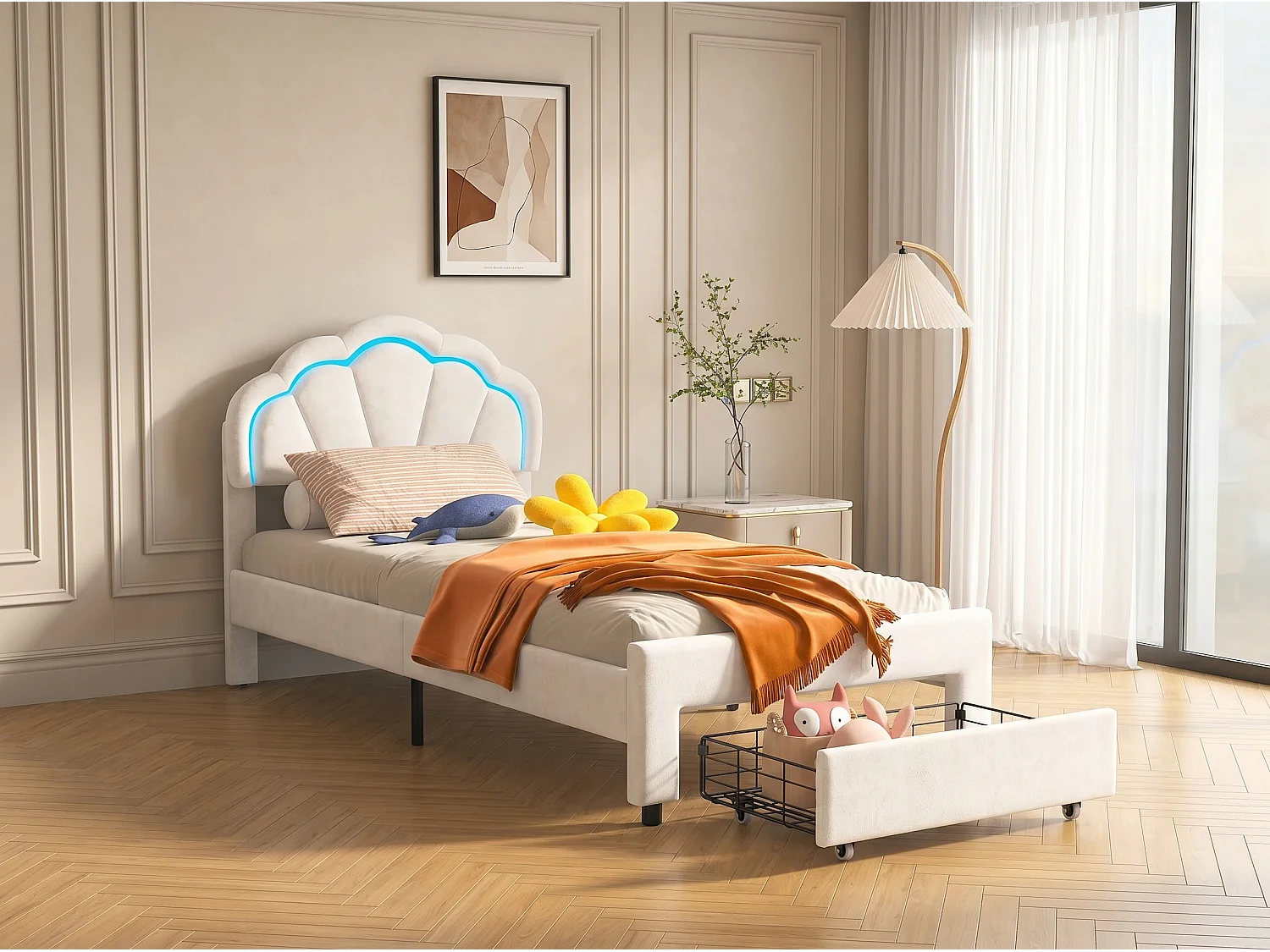 Lit 90x200 cm blanc avec tête de lit rembourrée en forme de nuage, cadre de lit une personne en velours, lit enfant et adolescent