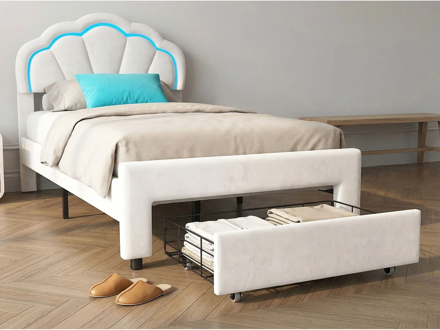 Lit 90x200 cm blanc avec tête de lit rembourrée en forme de nuage, cadre de lit une personne en velours, lit enfant et adolescent