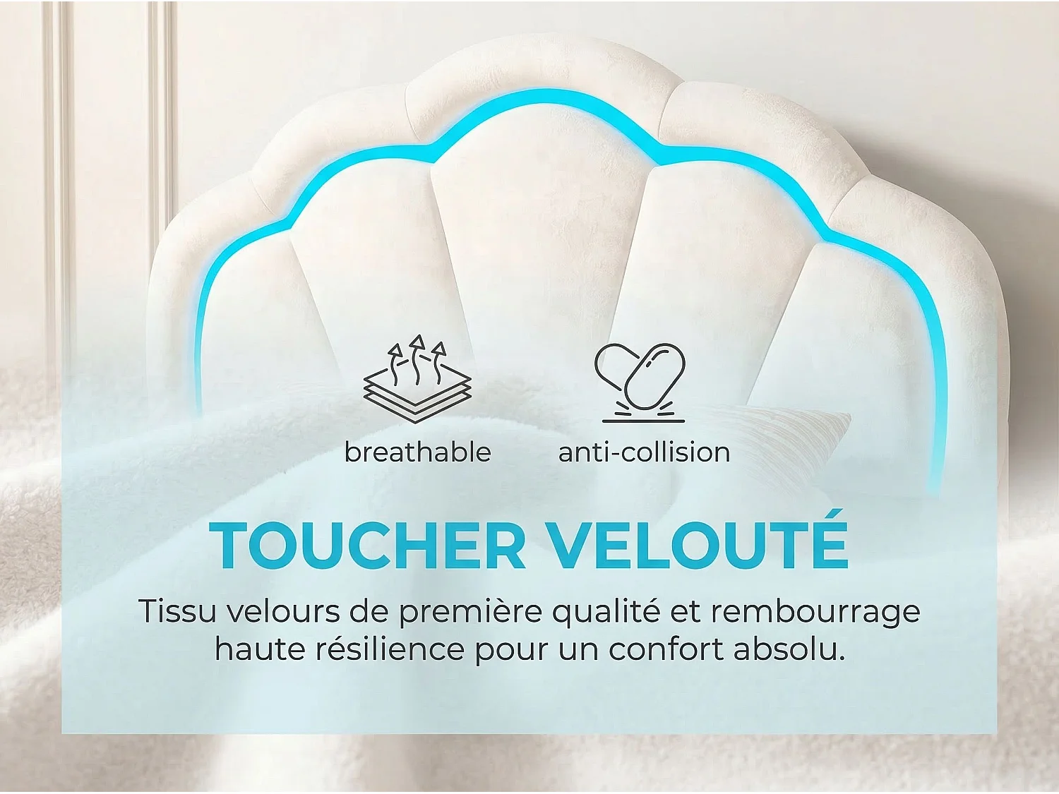 Lit 90x200 cm blanc avec tête de lit rembourrée en forme de nuage, cadre de lit une personne en velours, lit enfant et adolescent