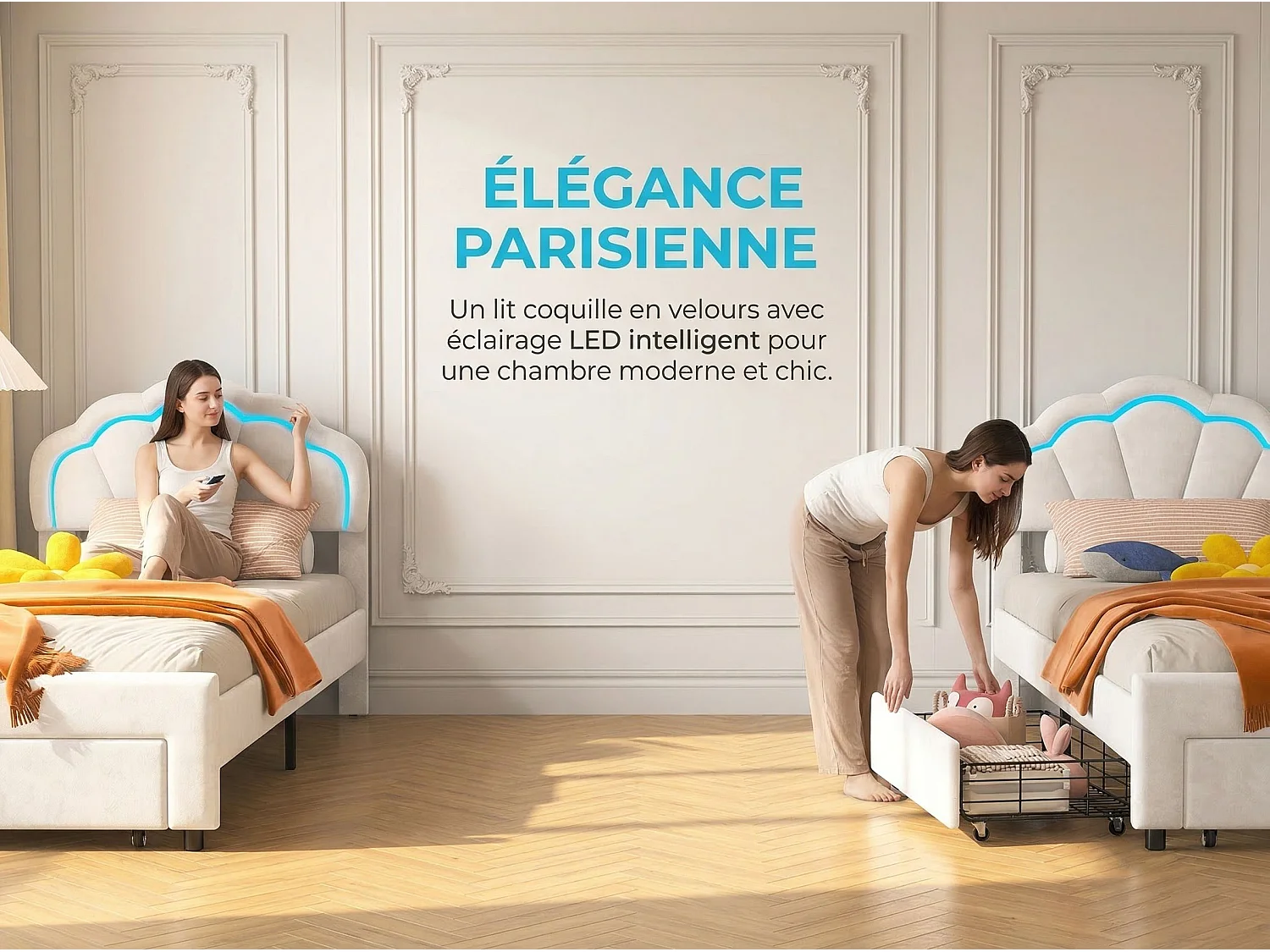 Lit 90x200 cm blanc avec tête de lit rembourrée en forme de nuage, cadre de lit une personne en velours, lit enfant et adolescent