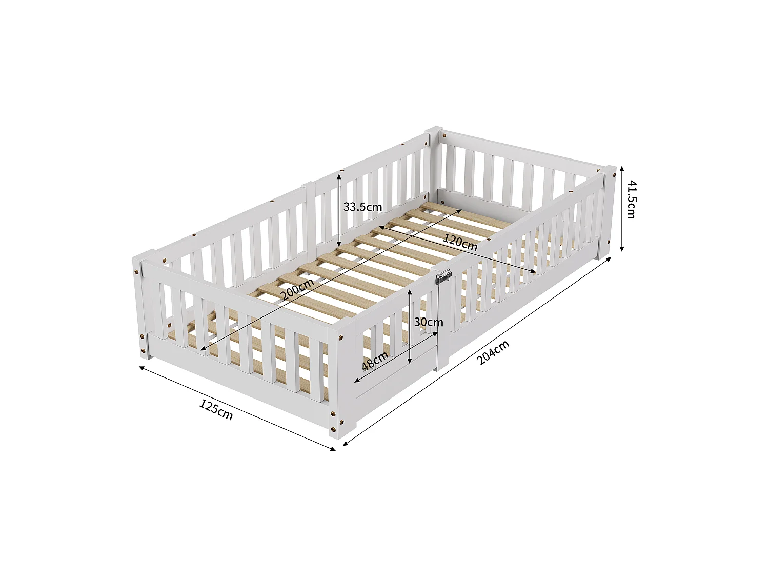 Lit enfant 120x200 cm beige, lit au sol avec barrières de sécurité, cadre de lit junior en bois, couchage enfant avec protection anti-chute