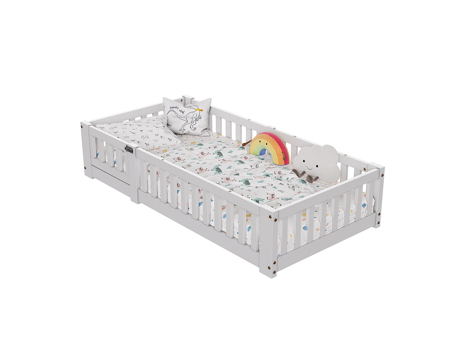 Lit enfant 120x200 cm beige, lit au sol avec barrières de sécurité, cadre de lit junior en bois, couchage enfant avec protection anti-chute