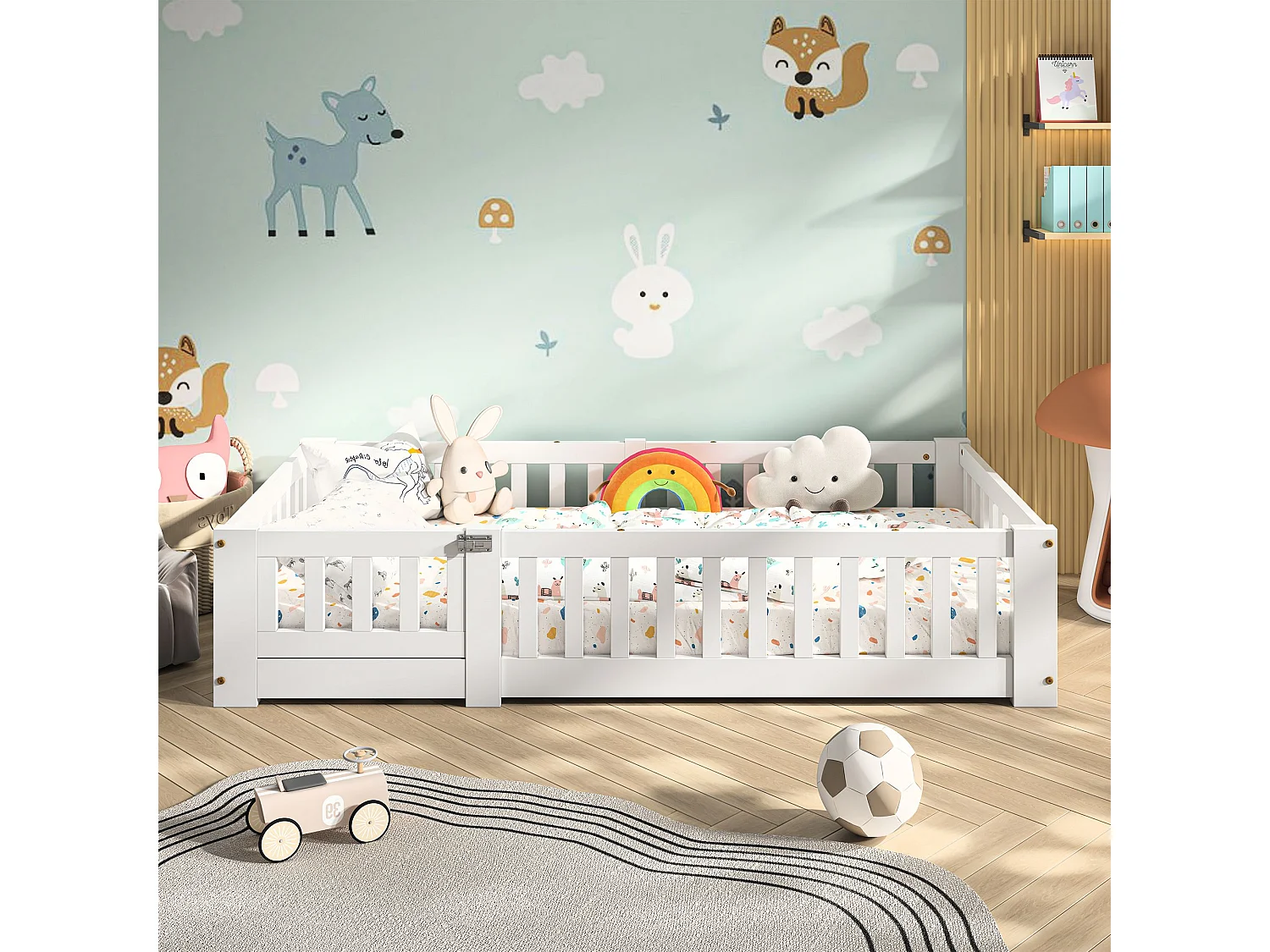 Lit enfant 120x200 cm beige, lit au sol avec barrières de sécurité, cadre de lit junior en bois, couchage enfant avec protection anti-chute