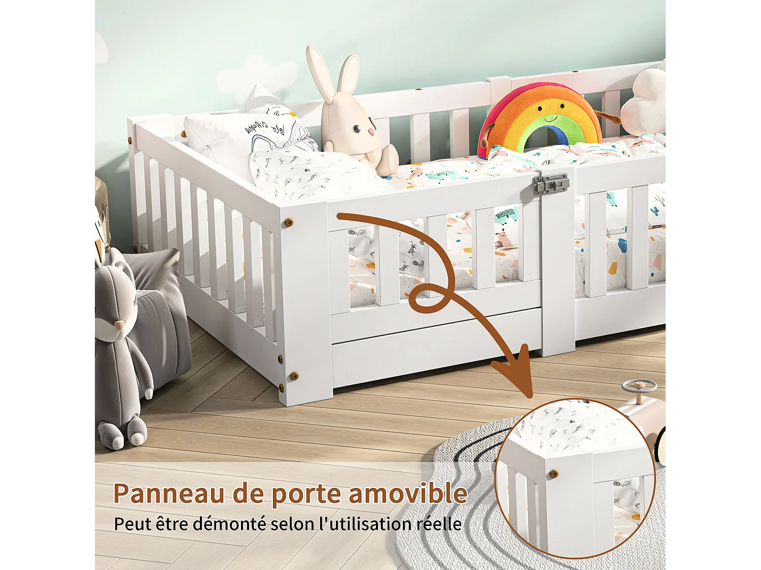 Lit enfant 120x200 cm beige, lit au sol avec barrières de sécurité, cadre de lit junior en bois, couchage enfant avec protection anti-chute