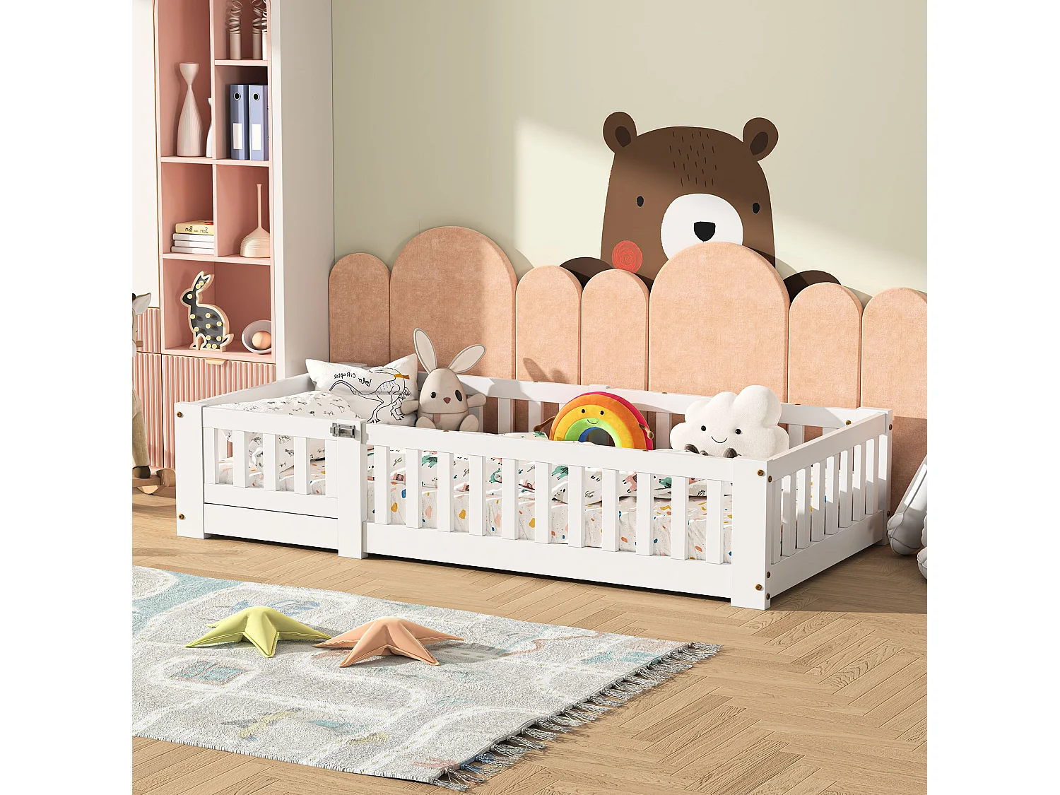 Lit enfant 120x200 cm beige, lit au sol avec barrières de sécurité, cadre de lit junior en bois, couchage enfant avec protection anti-chute
