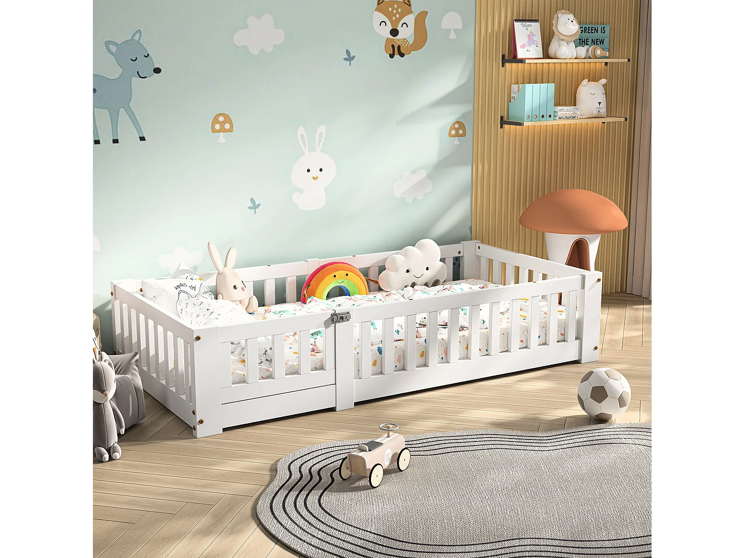Lit enfant 120x200 cm beige, lit au sol avec barrières de sécurité, cadre de lit junior en bois, couchage enfant avec protection anti-chute