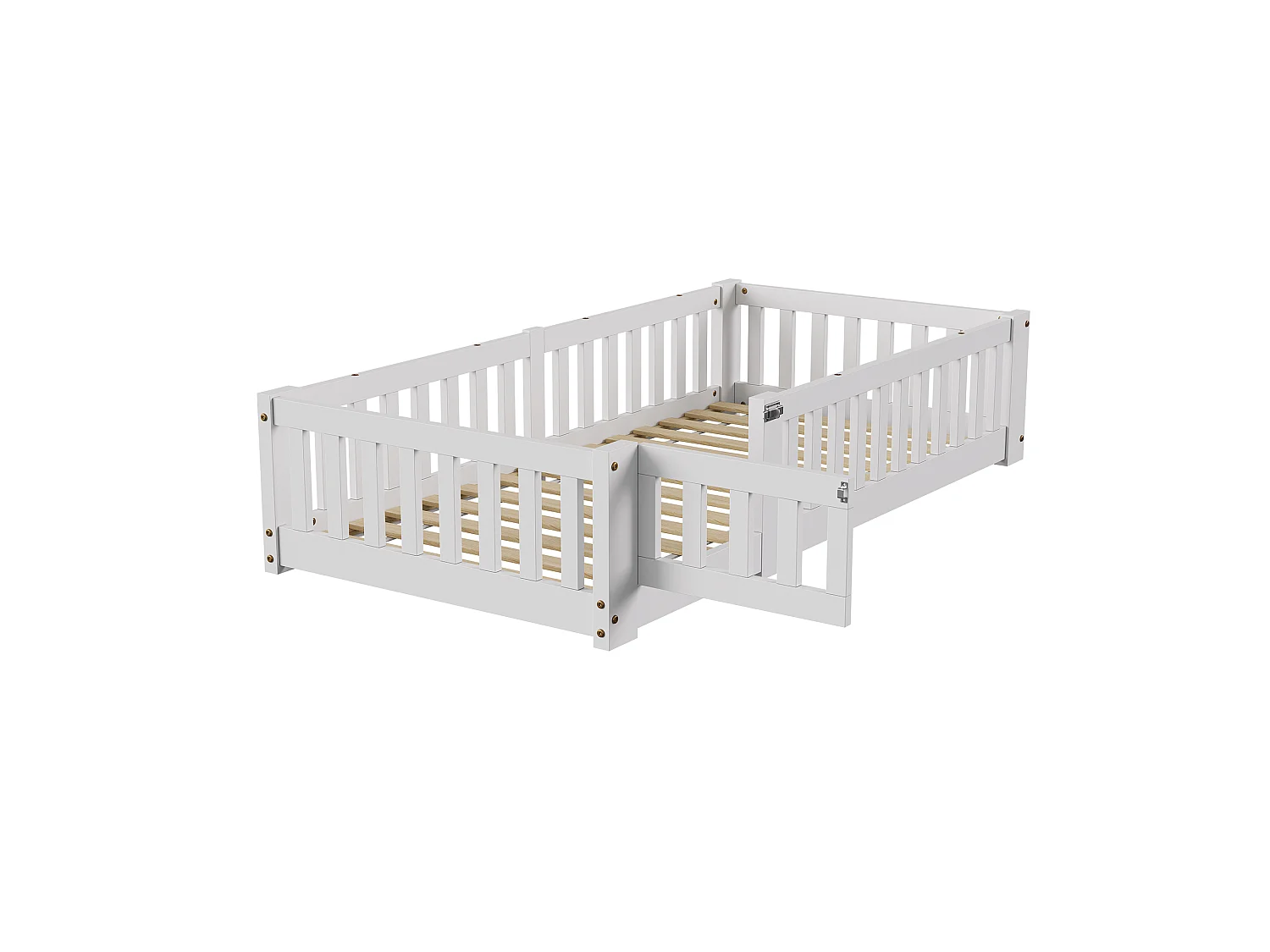 Lit enfant 120x200 cm beige, lit au sol avec barrières de sécurité, cadre de lit junior en bois, couchage enfant avec protection anti-chute
