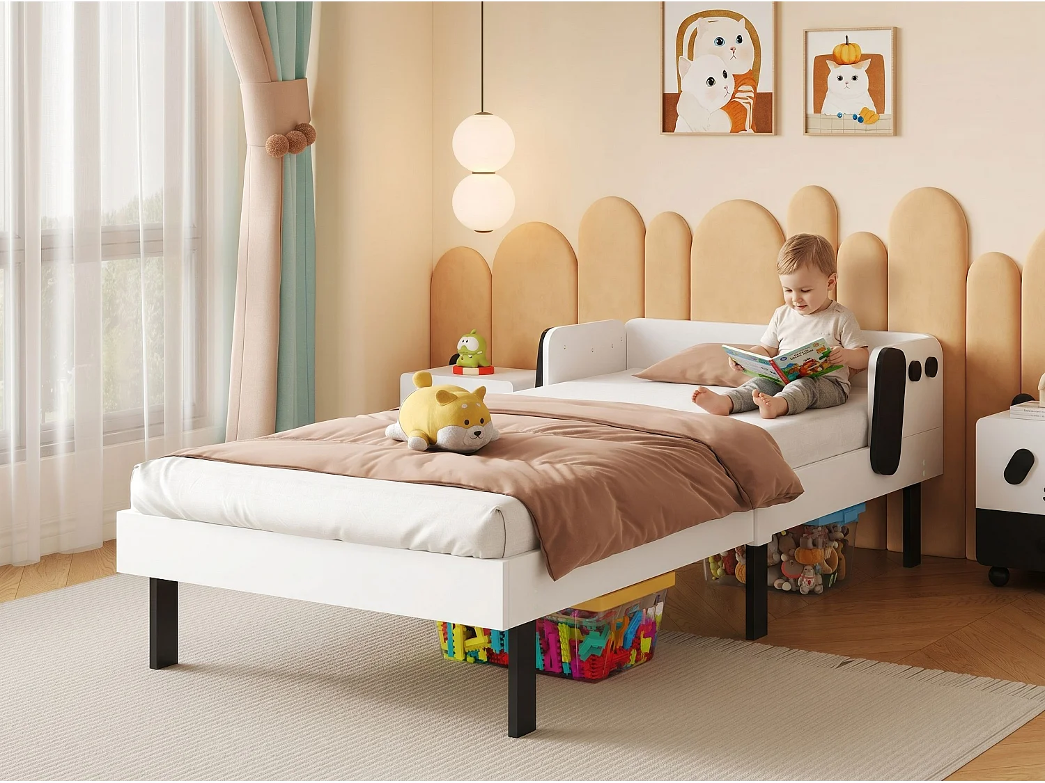 Lit enfant design chien 90 x 200 cm - Cadre blanc - Barrières de sécurité
