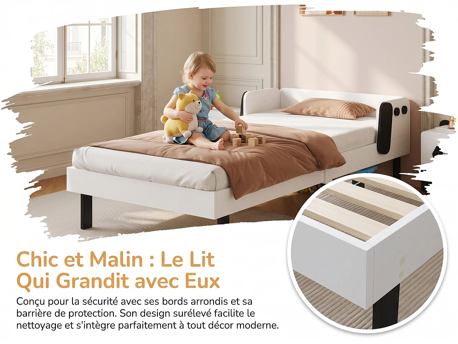 Lit enfant design chien 90 x 200 cm - Cadre blanc - Barrières de sécurité