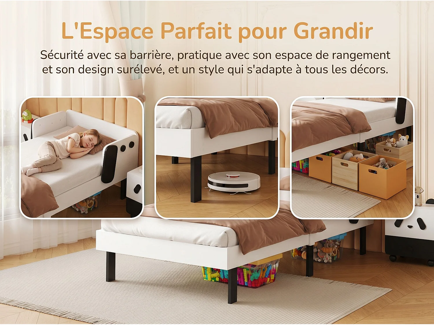 Lit enfant design chien 90 x 200 cm - Cadre blanc - Barrières de sécurité