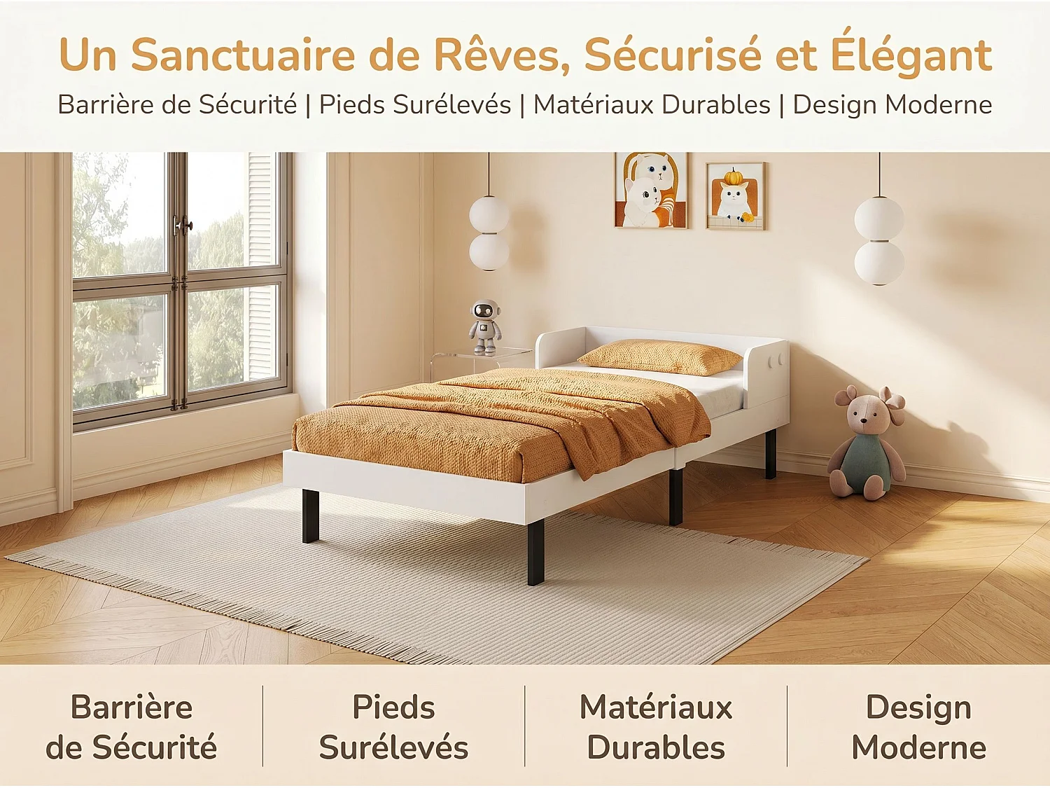 Lit enfant design chien 90 x 200 cm - Cadre blanc - Barrières de sécurité