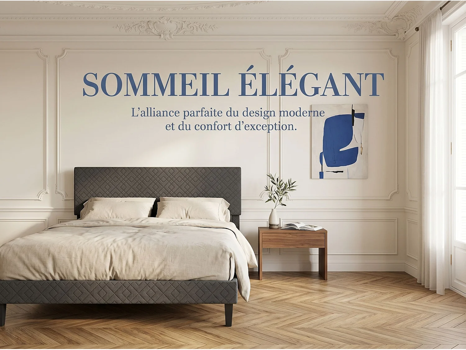 Lit adulte 140x200 cm gris tissu lin, cadre de lit avec sommier à lattes, lit une personne robuste  tête de lit