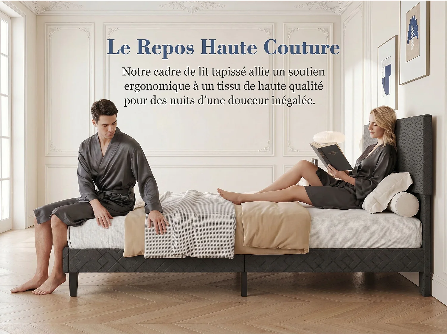 Lit adulte 140x200 cm gris tissu lin, cadre de lit avec sommier à lattes, lit une personne robuste  tête de lit