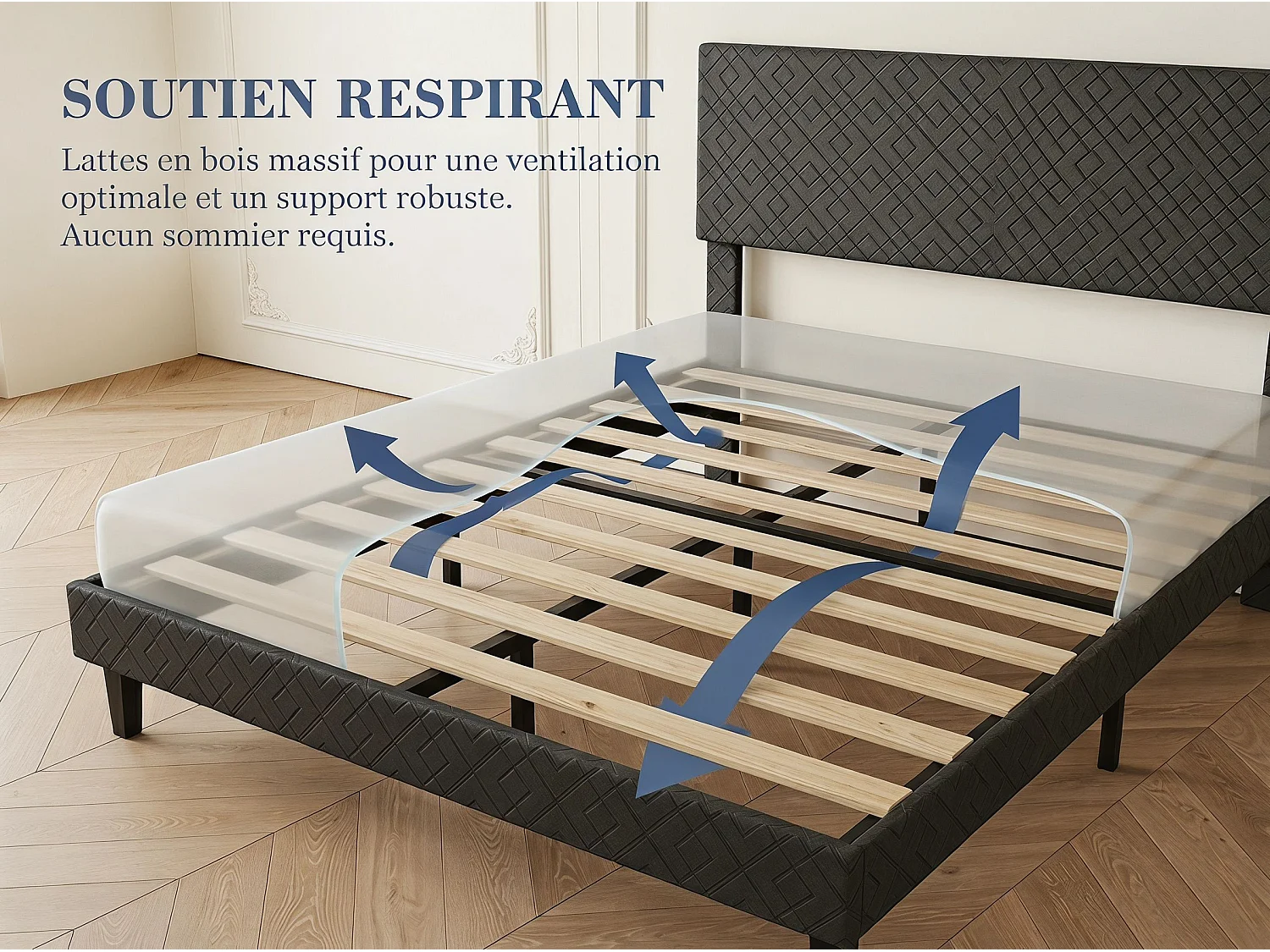Lit adulte 140x200 cm gris tissu lin, cadre de lit avec sommier à lattes, lit une personne robuste  tête de lit