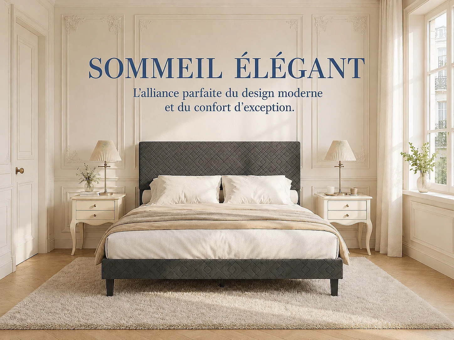 Lit adulte 140x200 cm gris tissu lin, cadre de lit avec sommier à lattes, lit une personne robuste  tête de lit