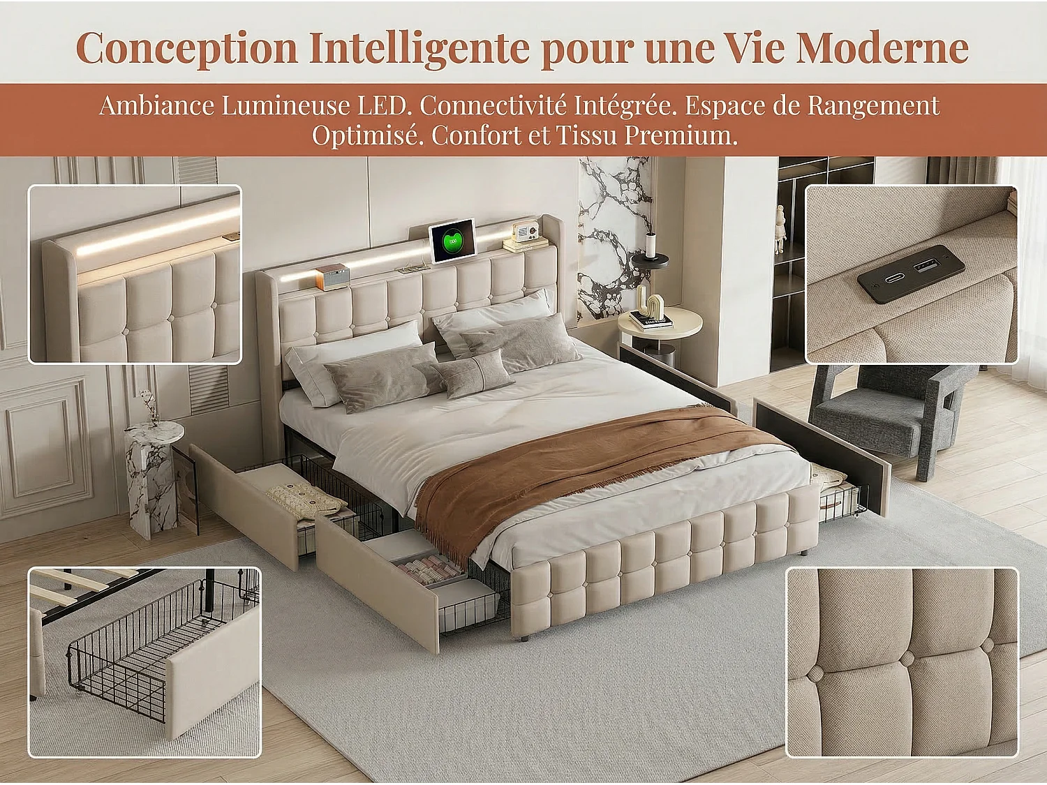 Lit double rembourré 140x190 cm beige avec 4 tiroirs de rangement tête de lit avec étagère ports USB et sommier à lattes