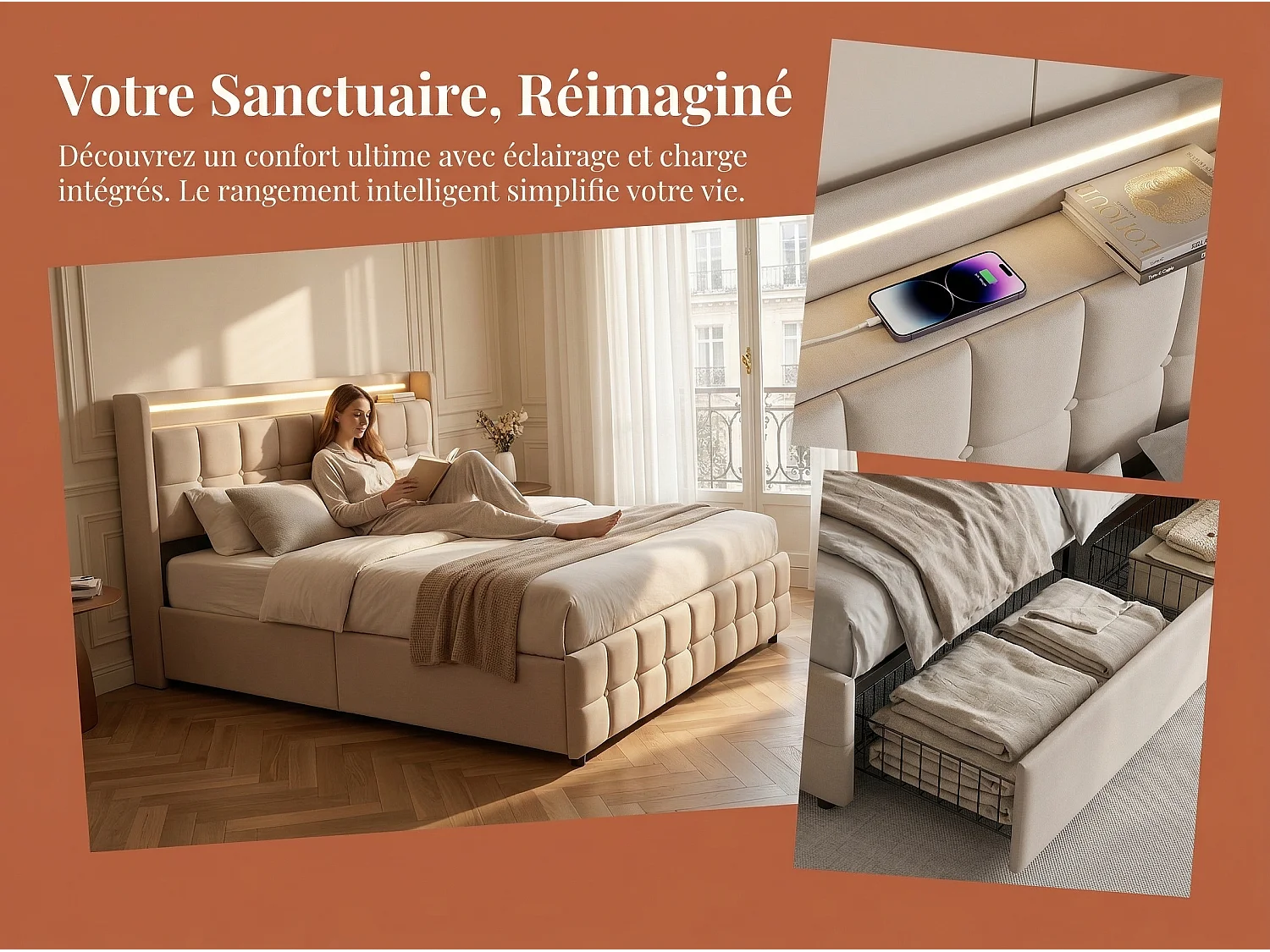 Lit double rembourré 140x190 cm beige avec 4 tiroirs de rangement tête de lit avec étagère ports USB et sommier à lattes