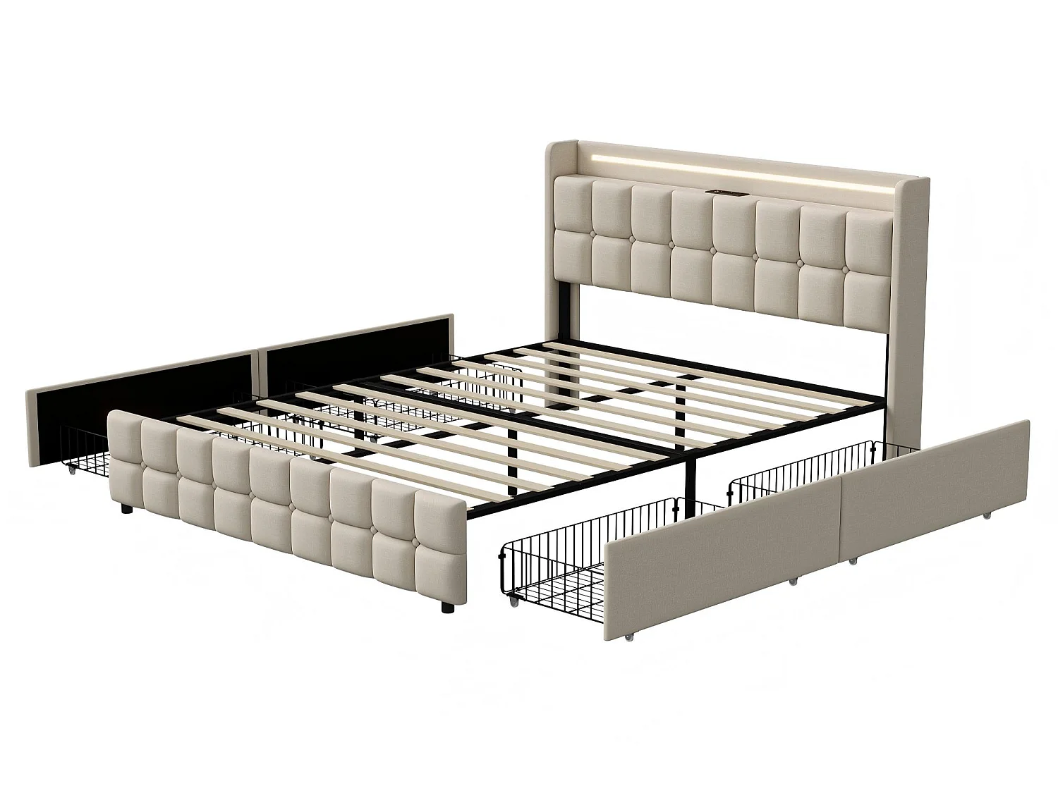 Lit double rembourré 140x190 cm beige avec 4 tiroirs de rangement tête de lit avec étagère ports USB et sommier à lattes