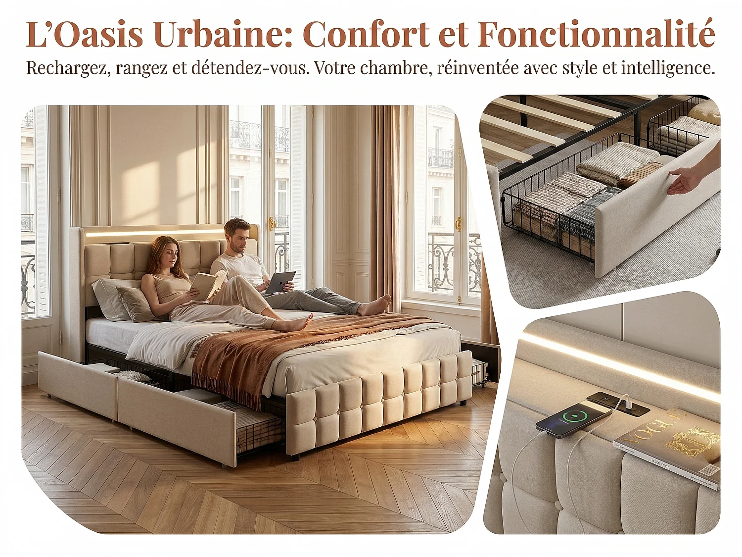 Lit double rembourré 140x190 cm beige avec 4 tiroirs de rangement tête de lit avec étagère ports USB et sommier à lattes