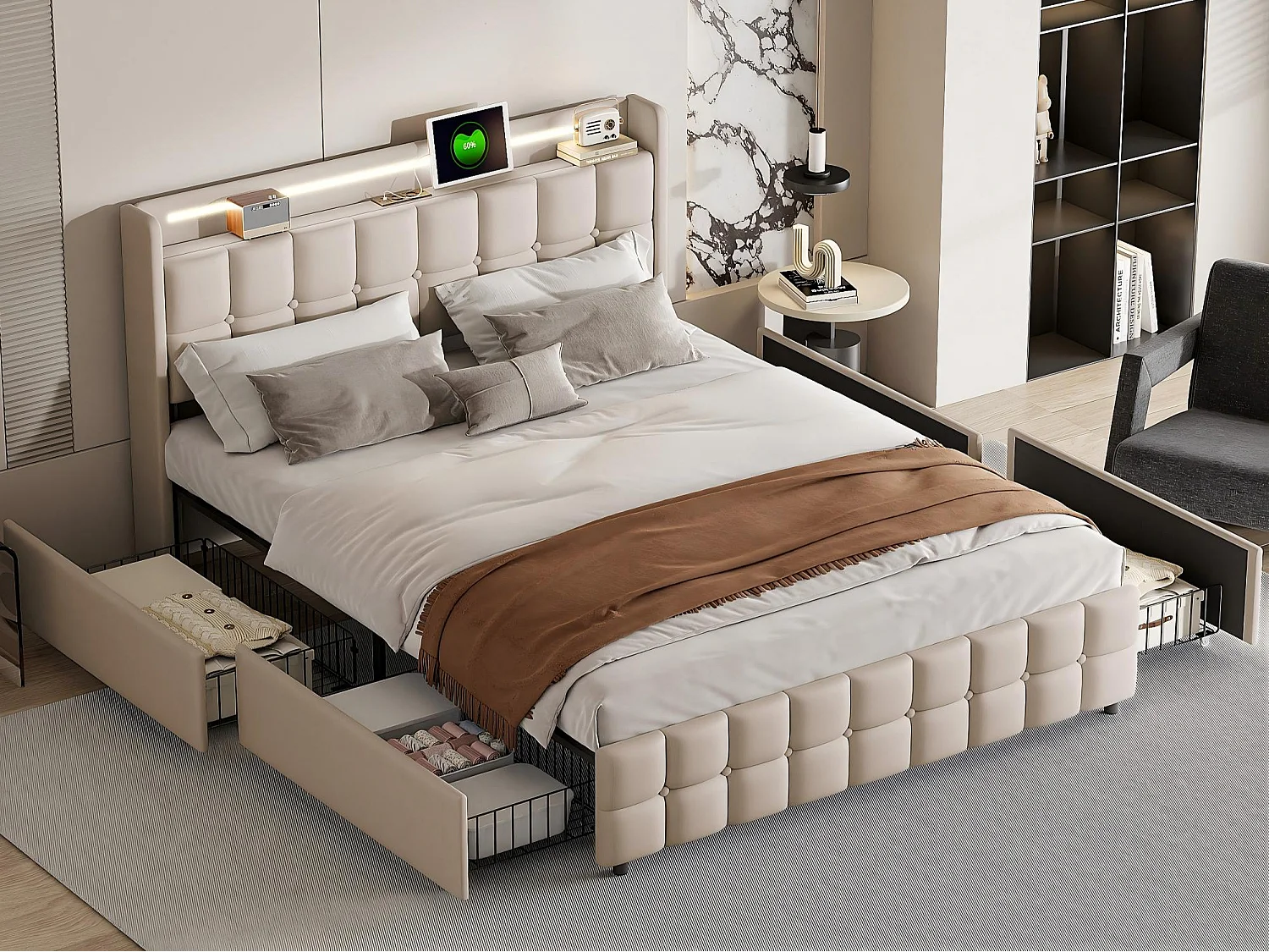 Lit double rembourré 140x190 cm beige avec 4 tiroirs de rangement tête de lit avec étagère ports USB et sommier à lattes
