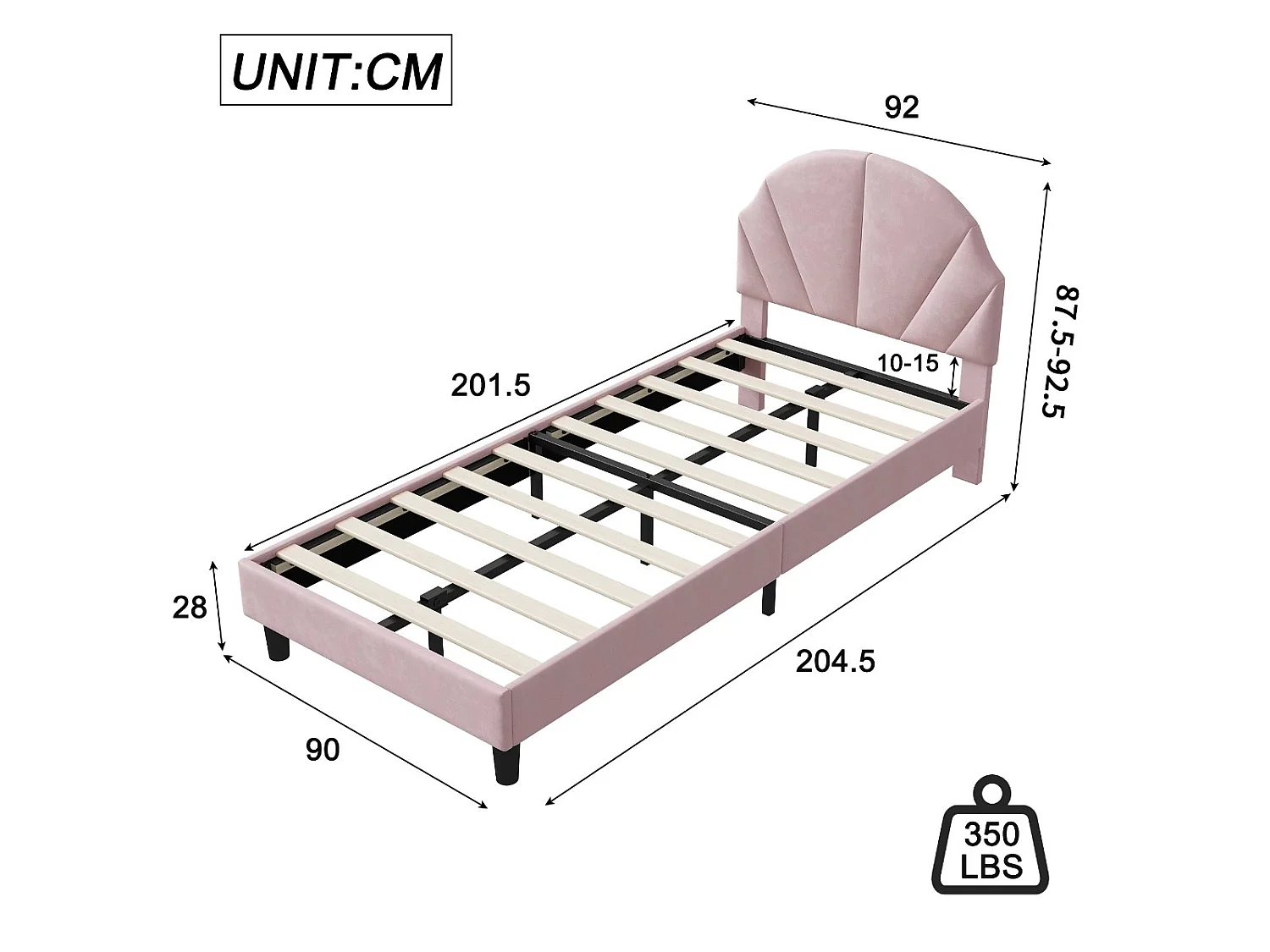 Lit enfant 90x200 cm Rose, lit junior avec coffre de rangement et sommier à lattes, tête de lit douce, espace pratique pour chambre enfant