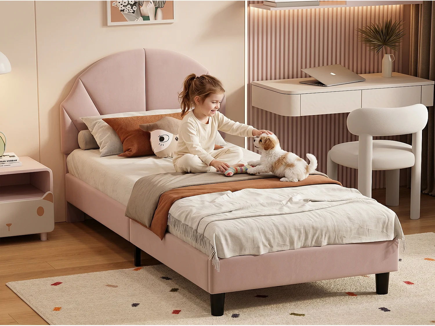 Lit enfant 90x200 cm Rose, lit junior avec coffre de rangement et sommier à lattes, tête de lit douce, espace pratique pour chambre enfant