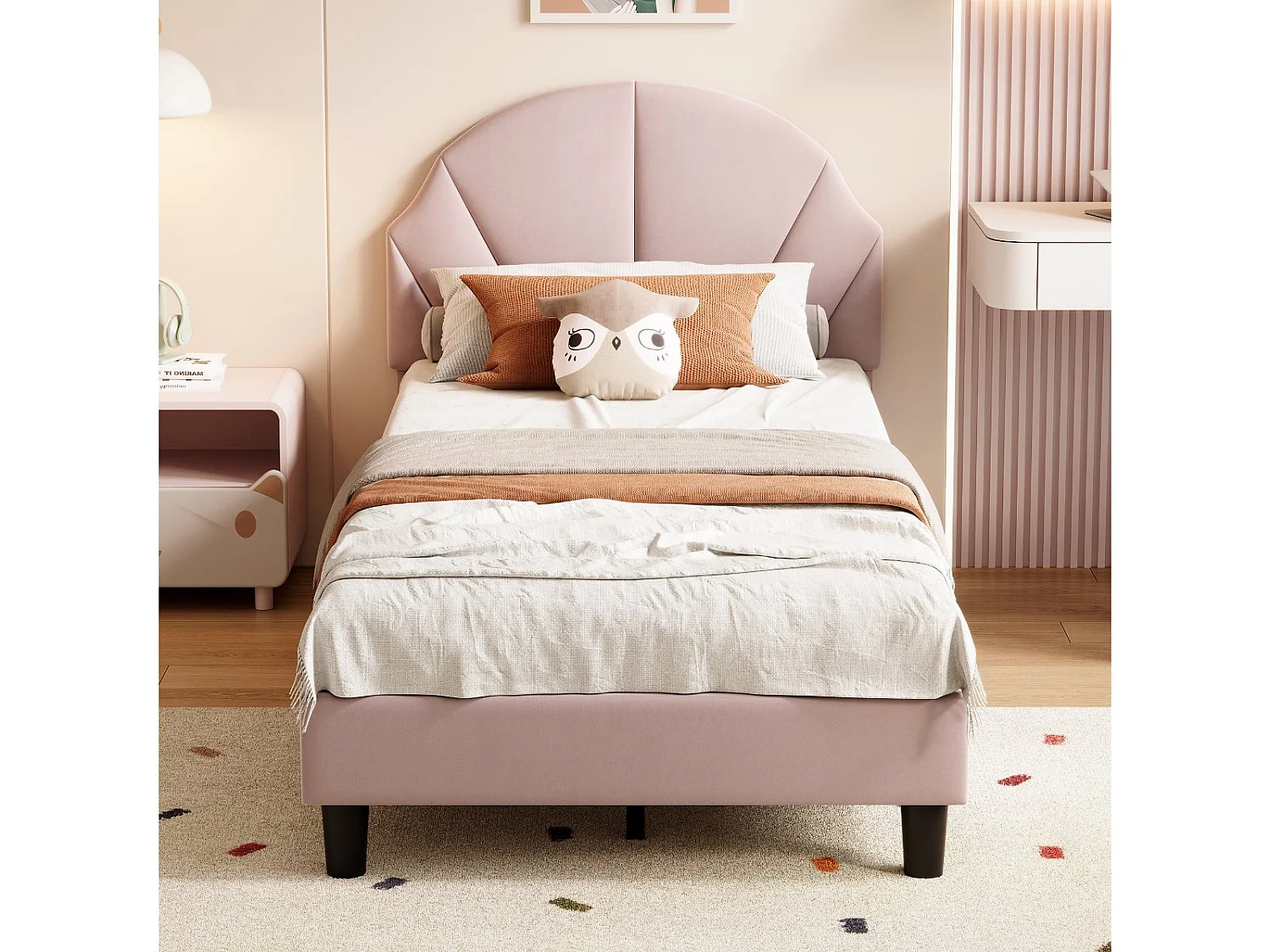 Lit enfant 90x200 cm Rose, lit junior avec coffre de rangement et sommier à lattes, tête de lit douce, espace pratique pour chambre enfant