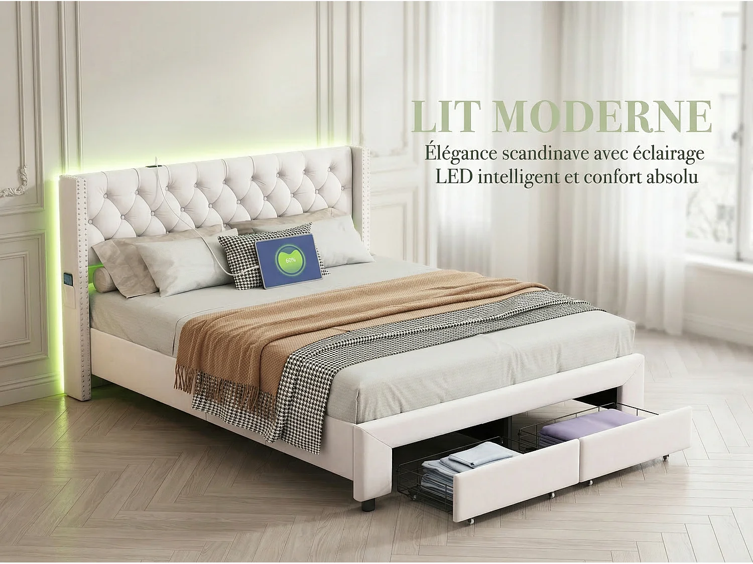 Lit double capitonné 140 x 190 cm - Tissu lin - Avec espace de rangement et éclairage LED - Beige