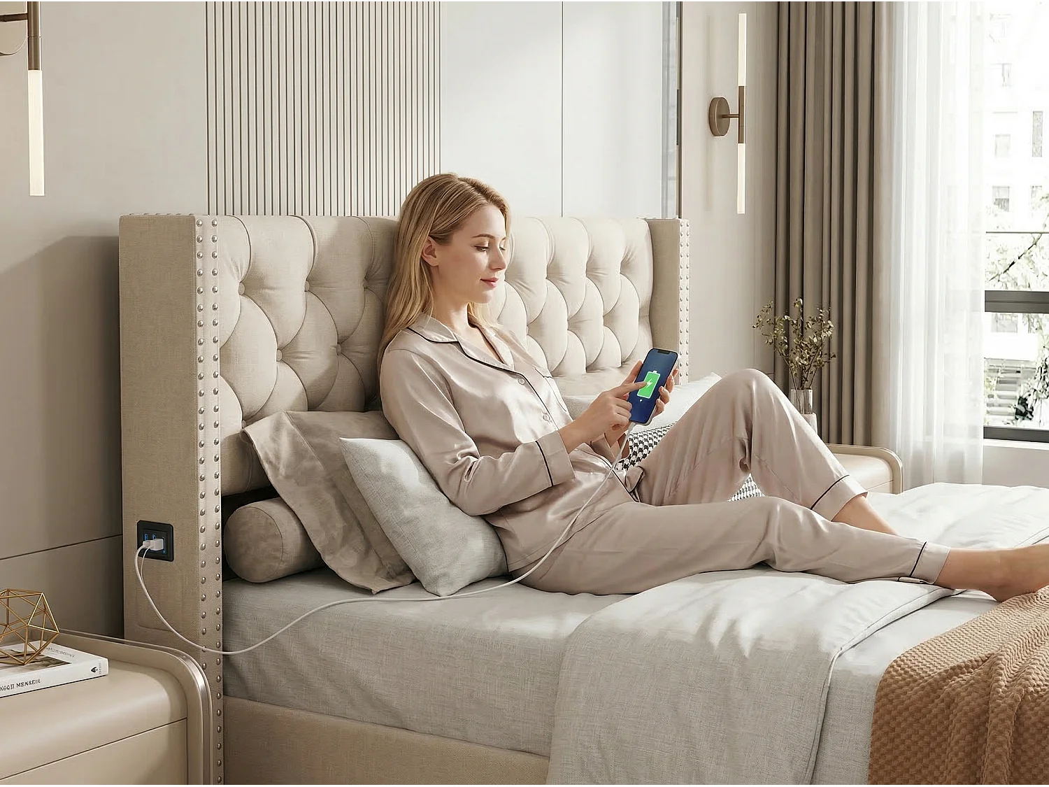 Lit double capitonné 140 x 190 cm - Tissu lin - Avec espace de rangement et éclairage LED - Beige