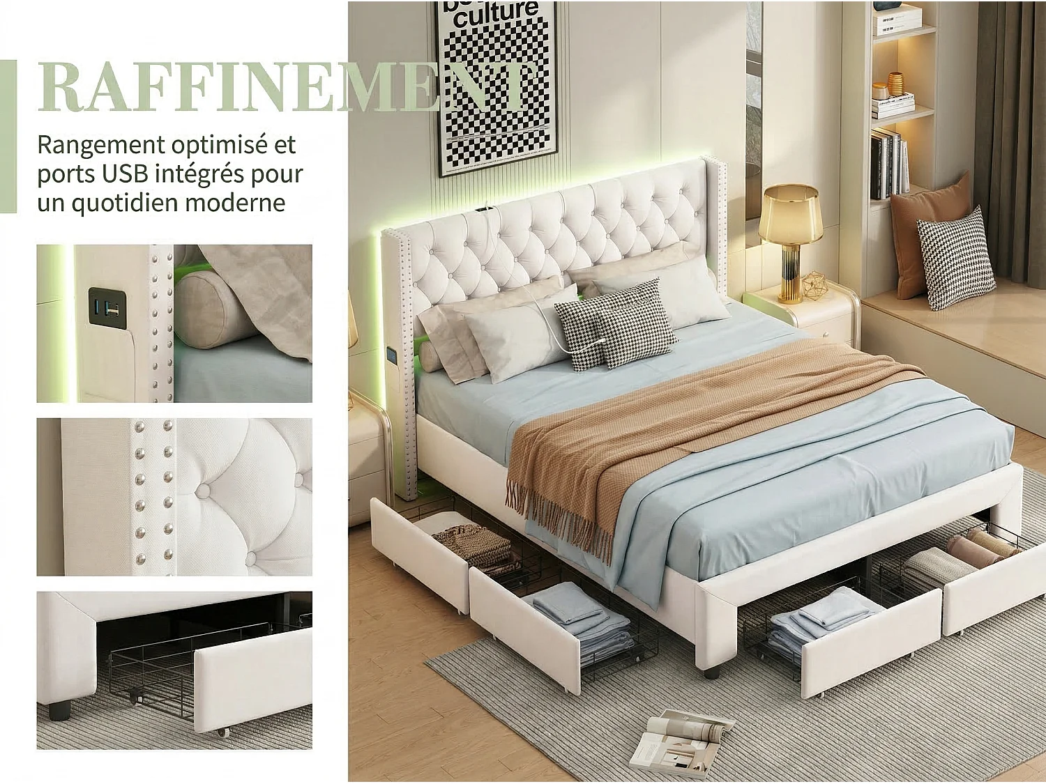 Lit double capitonné 140 x 190 cm - Tissu lin - Avec espace de rangement et éclairage LED - Beige
